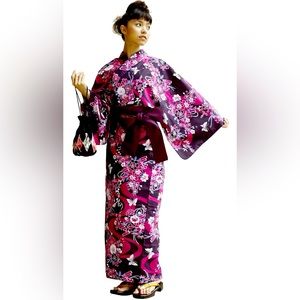 Women’s Midori YUKATA Violet Floral Japanese Kimono Size Medium